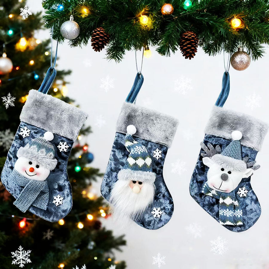 Blue Christmas Socks Party Set – Reindeer, Santa & Snowman Doll Gift Bags for Holiday Parties, Xmas Decorations, Festive Supplies & New Year Gifts