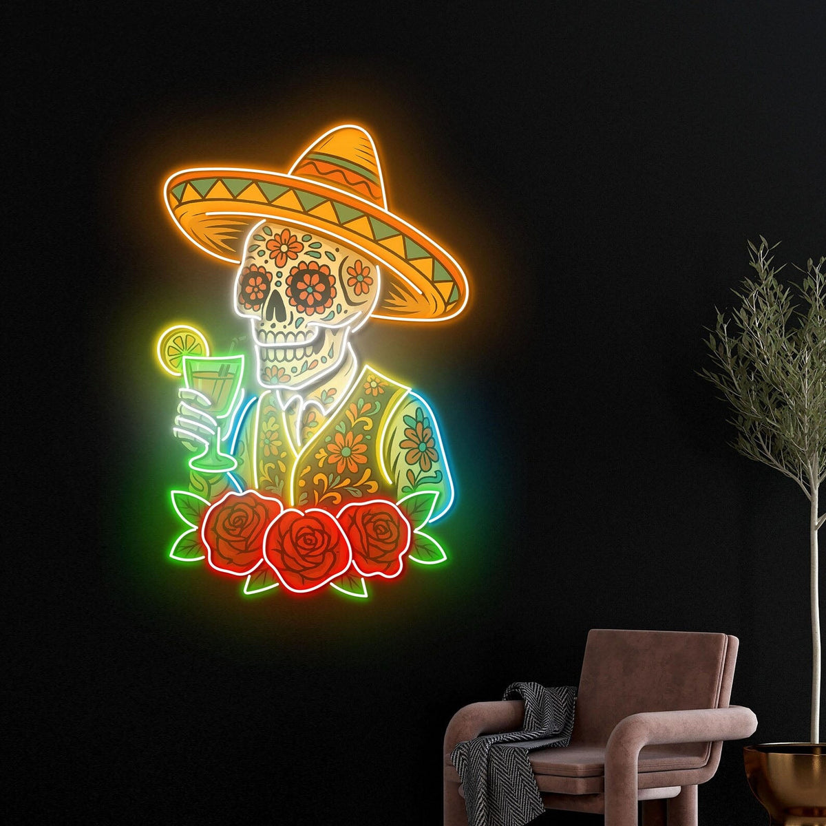 Mexican Skeleton Cocktail Neon Sign – Tequila Lounge and Bar Wall Decor for Martini Lovers, Parties and Bold Southwestern Nightlife Ambience