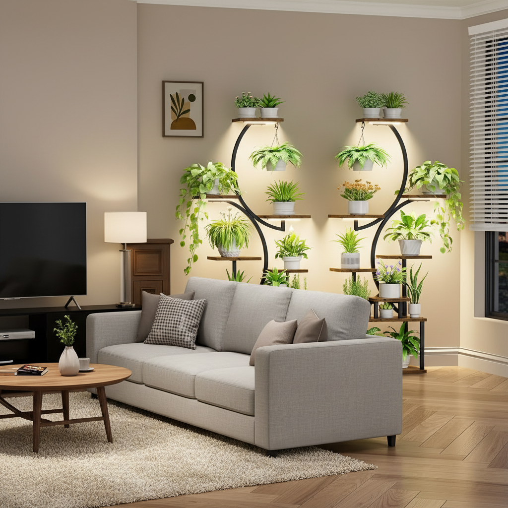 Indoor Plant Stand with Grow Lights – 8-Tier Metal and Wood Rack with Full-Spectrum Timer for Living Rooms, Bedrooms and Balconies