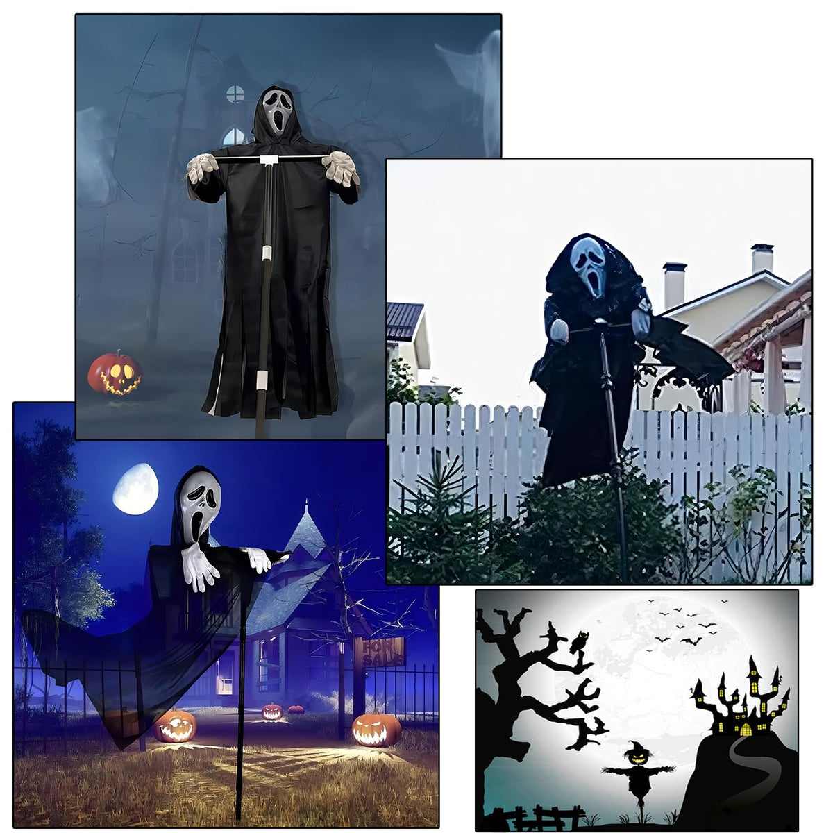 Halloween Ghostface Scarecrow Decoration – Hanging Outdoor Garden Horror Decor with Robed Grim Reaper Design