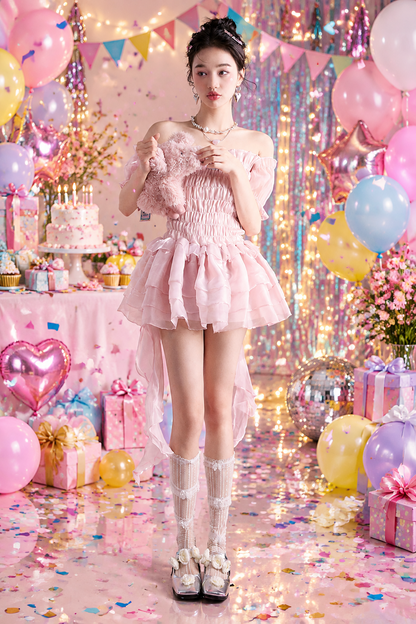 Smoked Rose Strapless Mini Dress – Fluffy Retro Pink Party Dress for Women with Romantic Feminine Styling and Statement Silhouette