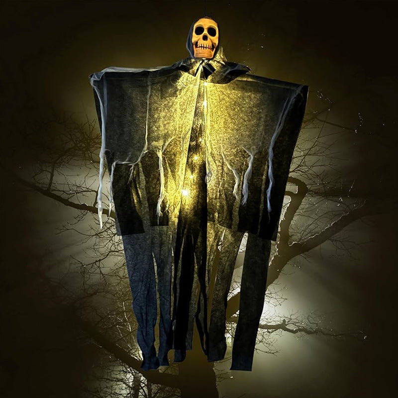 Lighted Hanging Ghost Decoration – Halloween Skull Skeleton Gauze Ornament for Gardens, Homes and Outdoor Party Scenes with Spooky Built-In Illumination