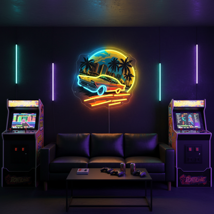 Car Sunset Neon Sign – UV-Printed LED Wall Art for Boys Bedrooms, Game Rooms, Bars and Man Caves with Scenic Night Glow