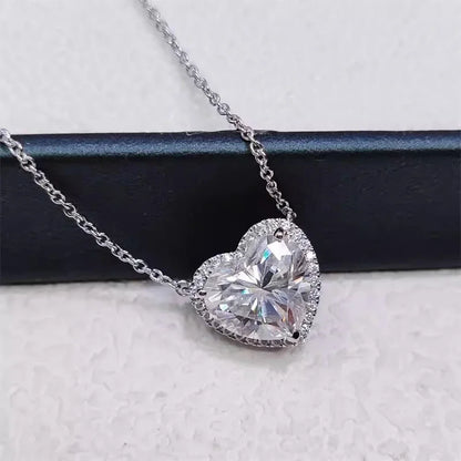 Full Moissanite Heart Halo Pendant Necklace – Certified S925 Silver Diamond-Look Fine Jewelry for Women, Elegant Wedding Accessory, Romantic Gift and Party Style