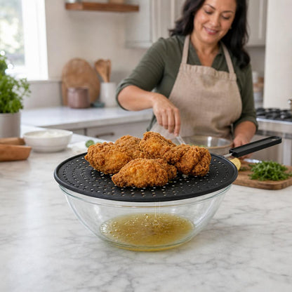 Silicone Kitchen Splatter Screen – Heat-Resistant Oil Splash Guard with Handle and Drain Board Function for Safer, Cleaner Frying and Cooking