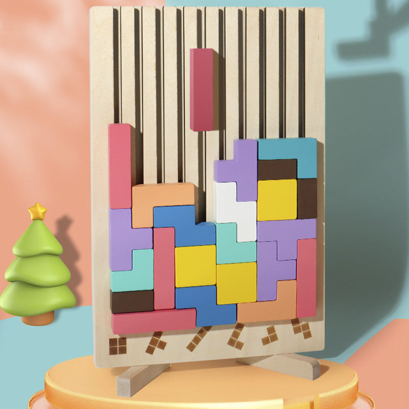 Wooden Russian Block Puzzle - Montessori Brain Teaser Tangram Toy for Logic Development and Educational Play