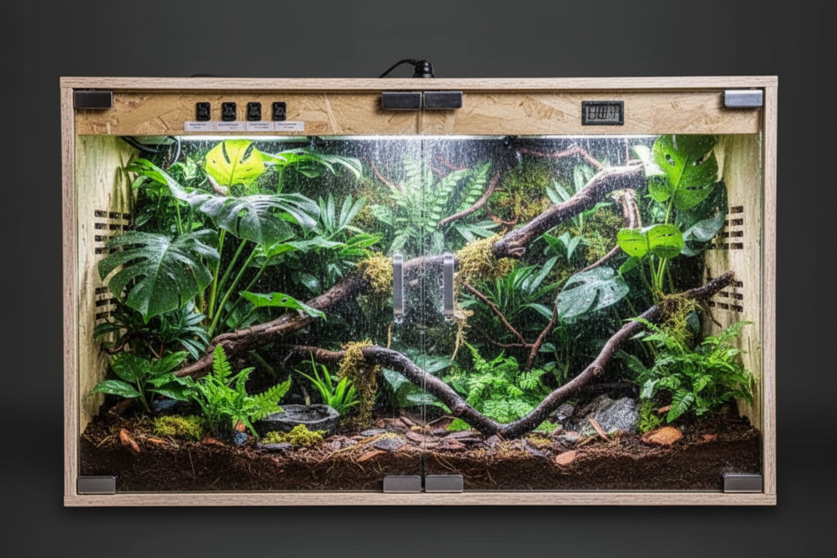 Reptile Terrarium with Rain System – Glass Heated Vivarium and Climbing Enclosure for Chameleons, Lizards, Sugar Gliders and Exotic Pets