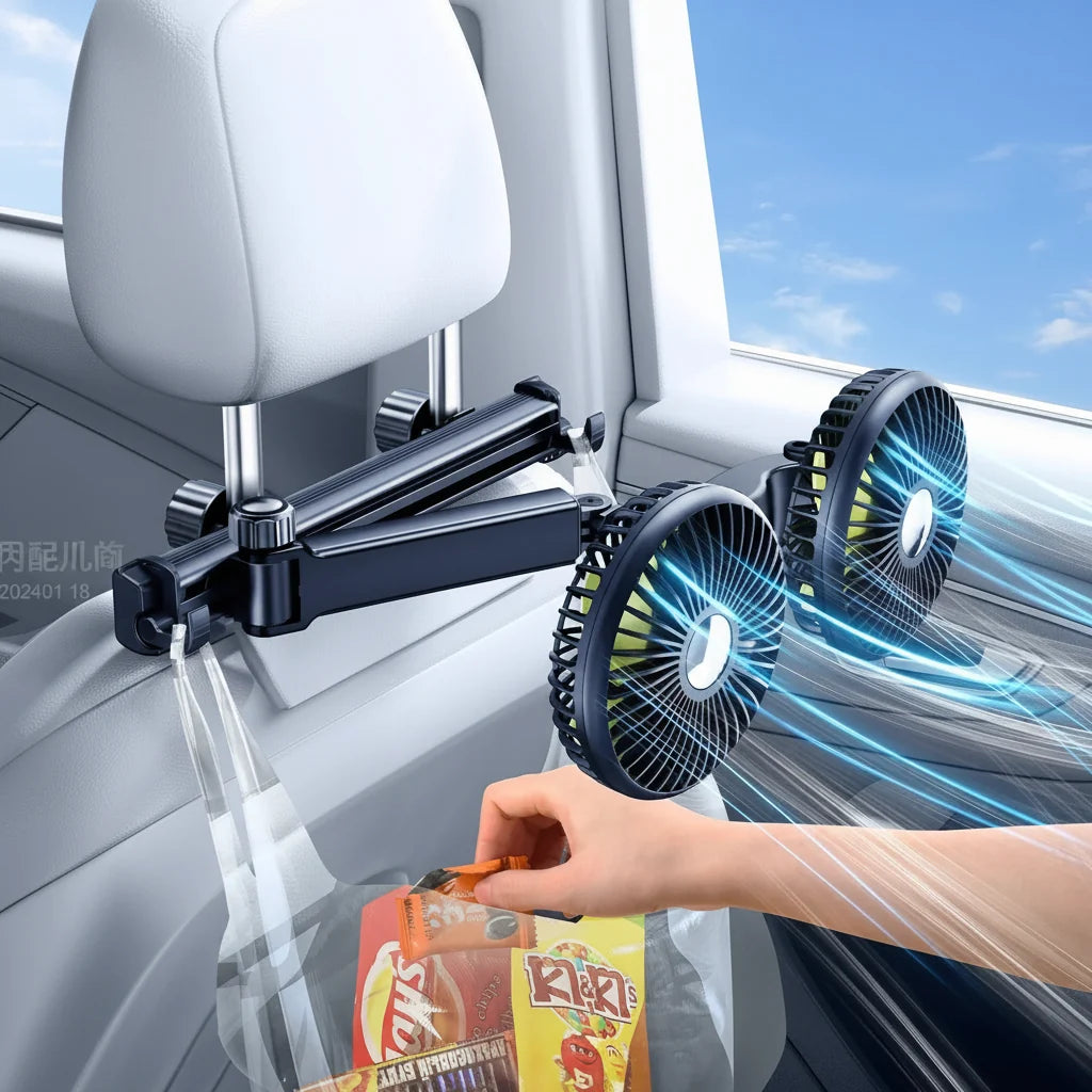 Dual Head Car Seat Fan - Adjustable Headrest Cooling Fan with 360 Degree Rotation and Quiet Airflow
