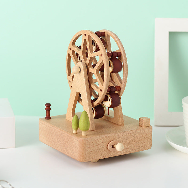 Ferris Wheel Wooden Music Box – Mini Beech Wood Handcrafted Musical Gift for Christmas, Birthdays, Valentine’s Day with Square Base Ornament Design