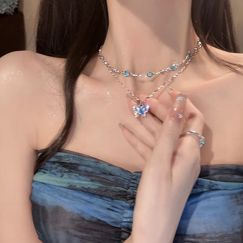 Blue Crystal Butterfly Necklace – Romantic Zircon Clavicle Chain with Elegant Double-Layer Design for Women, Girls, Weddings and Parties