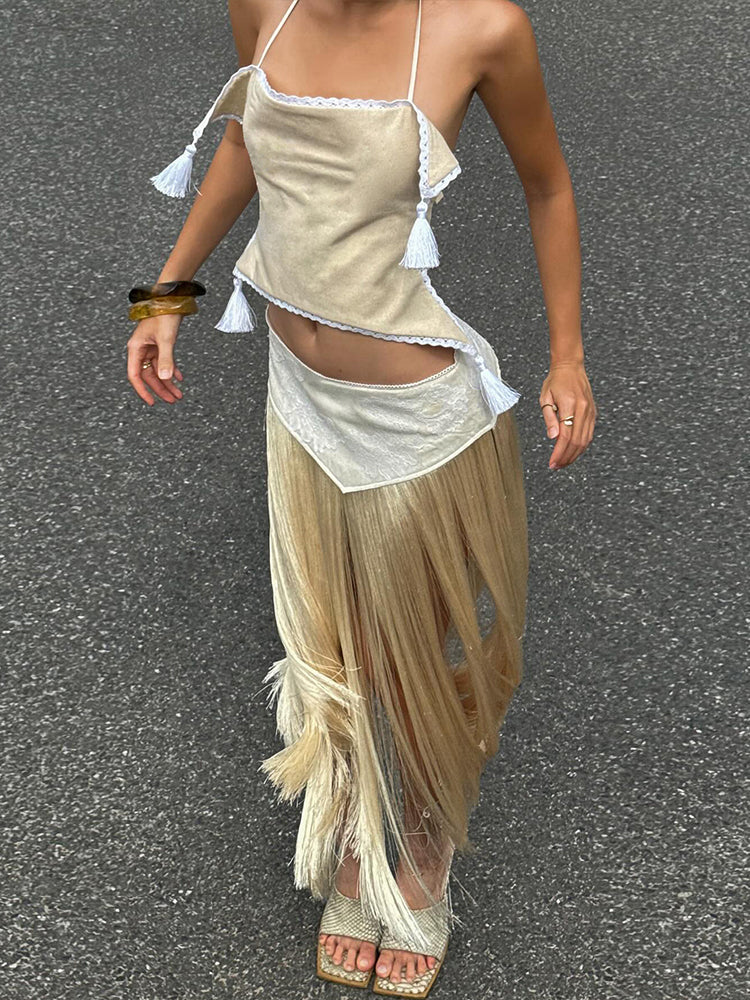 Kliou Halter Crop Top and Maxi Skirt Set – Sexy Backless Bandage Outfit with Tassel Details for Elegant Party Styling