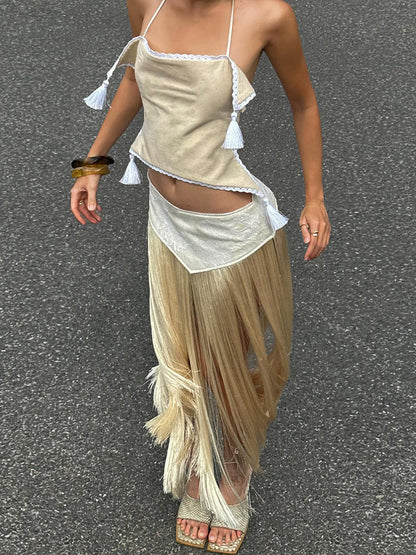 Kliou Halter Crop Top and Maxi Skirt Set – Sexy Backless Bandage Outfit with Tassel Details for Elegant Party Styling