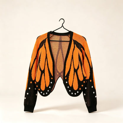 Butterfly Wing Knit Cardigan – Women's Cropped Monarch Print Sweater with Long Sleeves, Open Front Y2K Korean Fashion Styling
