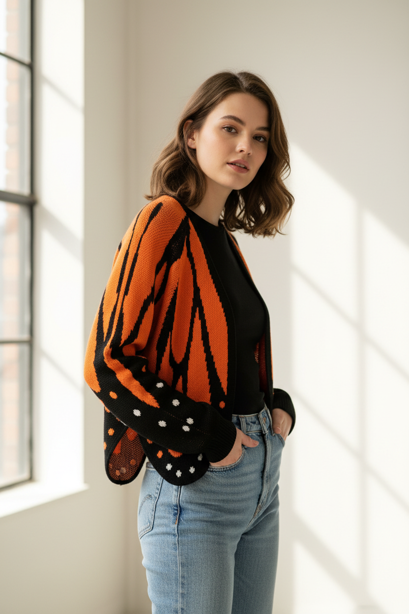 Butterfly Wing Knit Cardigan – Women's Cropped Monarch Print Sweater with Long Sleeves, Open Front Y2K Korean Fashion Styling