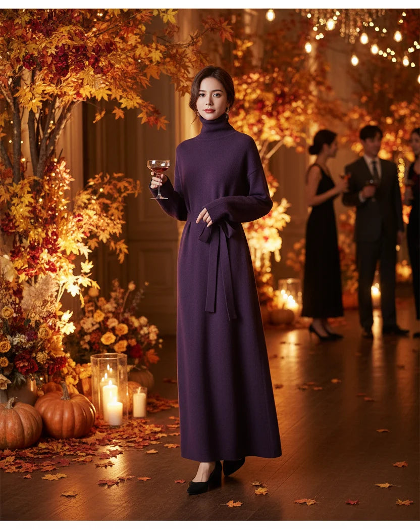 Purple Cashmere Sweater Dress- Women Slim Fit Knee Length Knit Dress for Autumn Winter Elegant Warm Fashion Styling