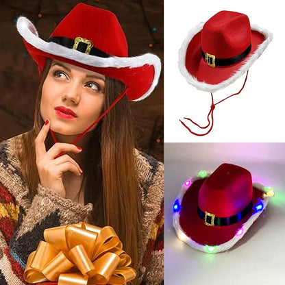 LED Light-Up Cowboy Christmas Hat – Festive Red Felt Western Santa Hat with Wide Brim, Perfect for Holiday Parties, Costumes, and Events