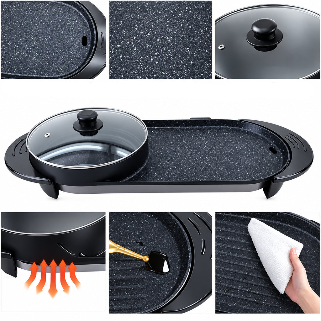 Multifunction Electric Hot Pot Grill – 2200W 2-in-1 Smokeless Barbecue Cooker with Fast Heating and Independent Dual Temperature Controls for Home Dining