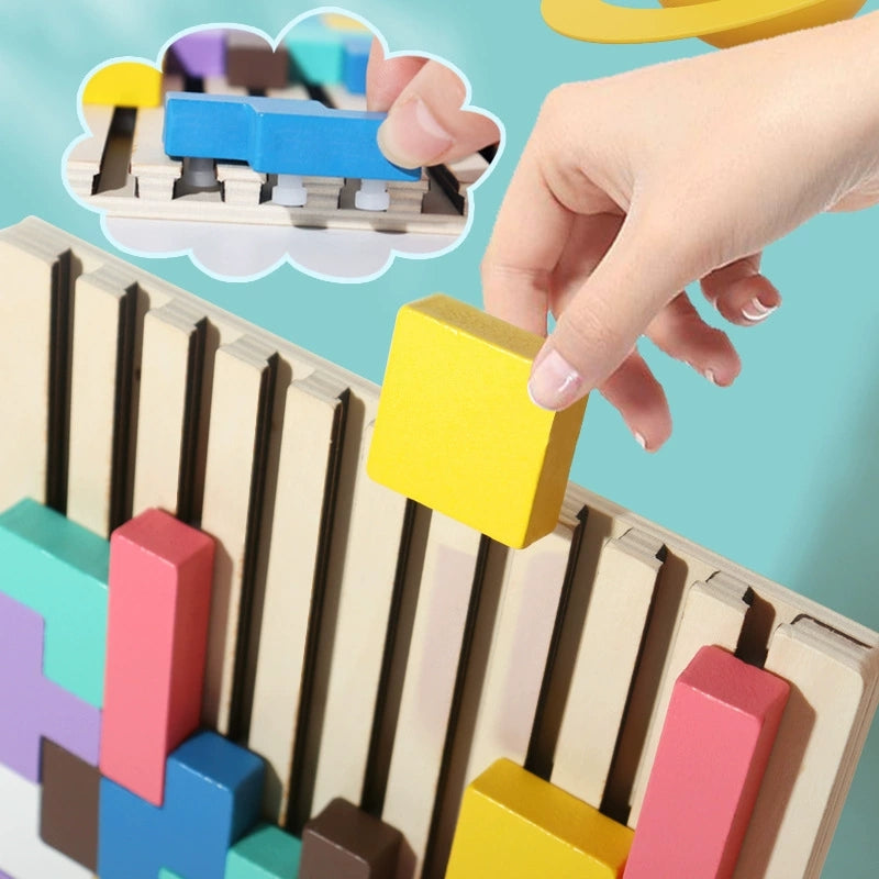 Wooden Russian Block Puzzle - Montessori Brain Teaser Tangram Toy for Logic Development and Educational Play