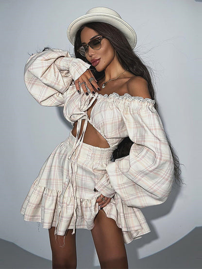 Women Hollow Out Mini Dress - Sexy Slash Neck Lace Up Lantern Sleeve Party Dress for Summer Clubwear and Evening Fashion