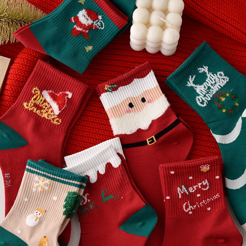 Cotton Christmas Socks Ornament Set – Pairs Santa & Reindeer Pattern Socks for Kids & Adults, Xmas Gifts, New Year Party Decorations