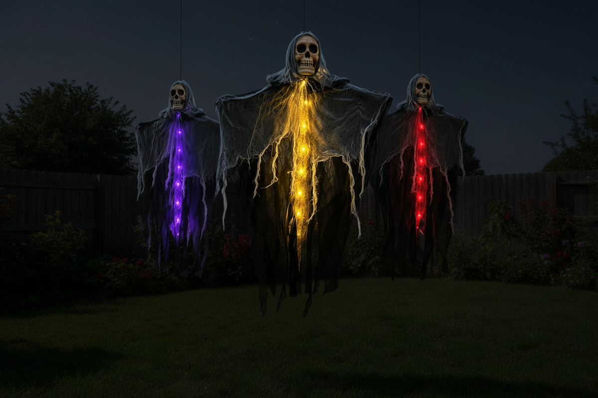 Lighted Hanging Ghost Decoration – Halloween Skull Skeleton Gauze Ornament for Gardens, Homes and Outdoor Party Scenes with Spooky Built-In Illumination