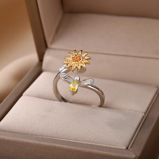 Anti-Stress Sunflower Spinner Ring – Stainless Steel Anxiety Fidget Jewelry for Women with Rotating Sun Star Design Christmas Gift.