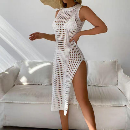 Crochet Beach Cover-Up Skirt Set – Sexy Knit Sarong Wrap Skirts with Slit Cutout in White and Black Duo