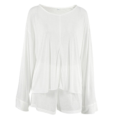 White Long-Sleeve Pajama Set – Loose Two-Piece Women’s Sleepwear with Shorts for Comfortable Spring Nights, Relaxed Lounging and Chic Homewear