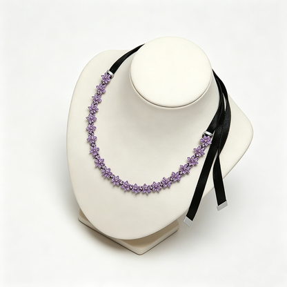 Silver Purple Bee Necklace – Sparkling Plant Specimen Pendant with Black Rope Wrap for Nature-Inspired Jewelry, Gifts and Elegant Everyday Styling
