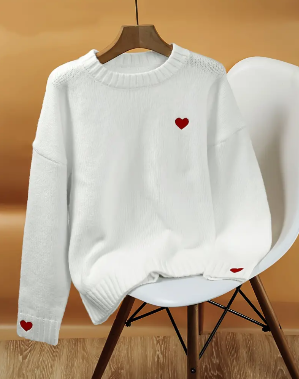 Women's Red Heart Knit Sweater – Long Sleeve Embroidered Pullover Top for Autumn Spring Casual Wear, Couples and Valentine's Gifts