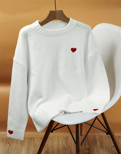 Women's Red Heart Knit Sweater – Long Sleeve Embroidered Pullover Top for Autumn Spring Casual Wear, Couples and Valentine's Gifts