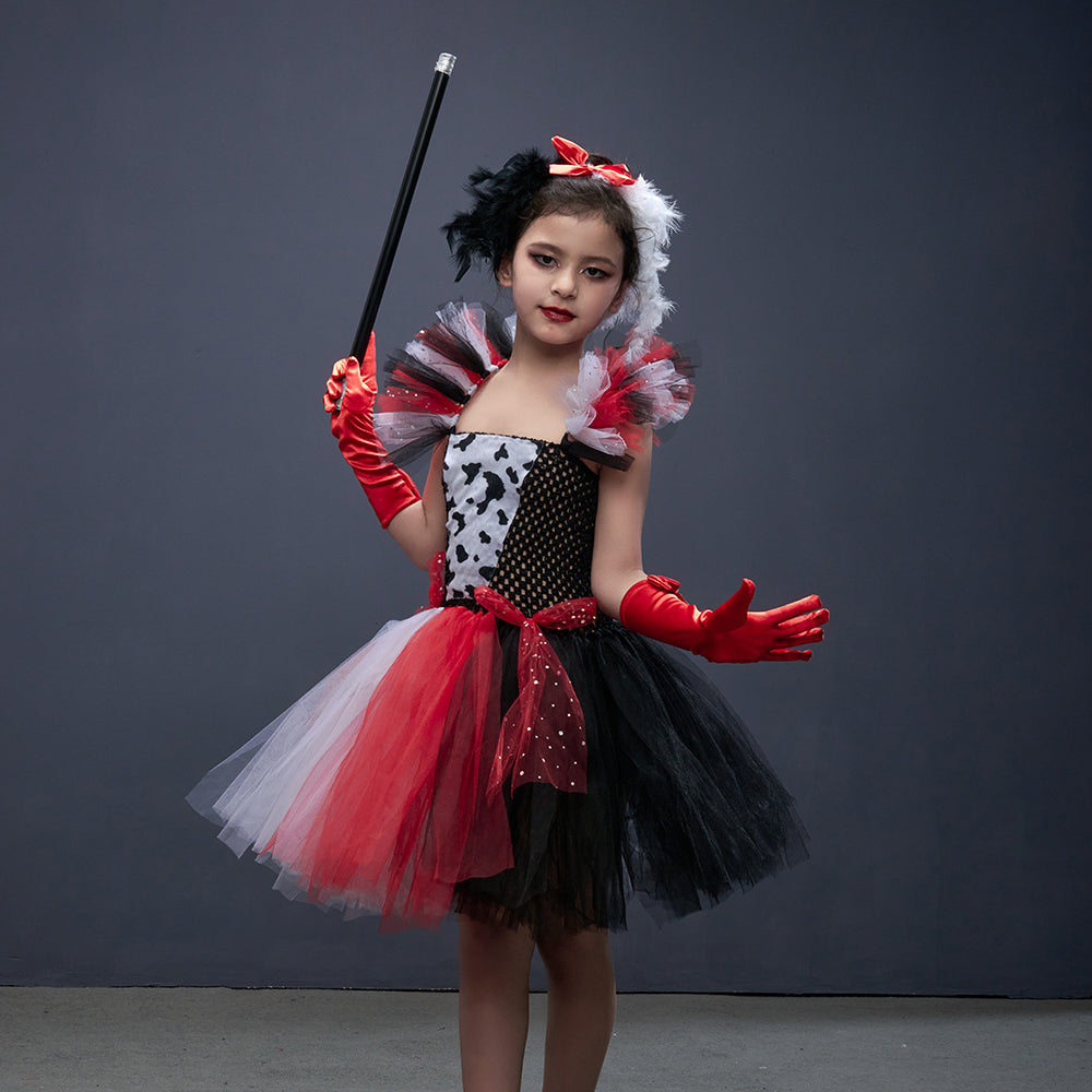 Cruella-Inspired Girls Tutu Dress – Black and White Villain Halloween Costume with Dalmatian Style for Kids, Fancy Dress and Cosplay Parties