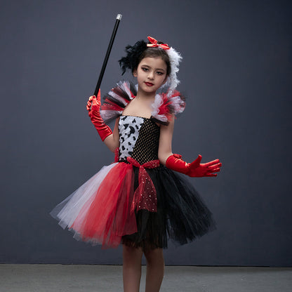Cruella-Inspired Girls Tutu Dress – Black and White Villain Halloween Costume with Dalmatian Style for Kids, Fancy Dress and Cosplay Parties