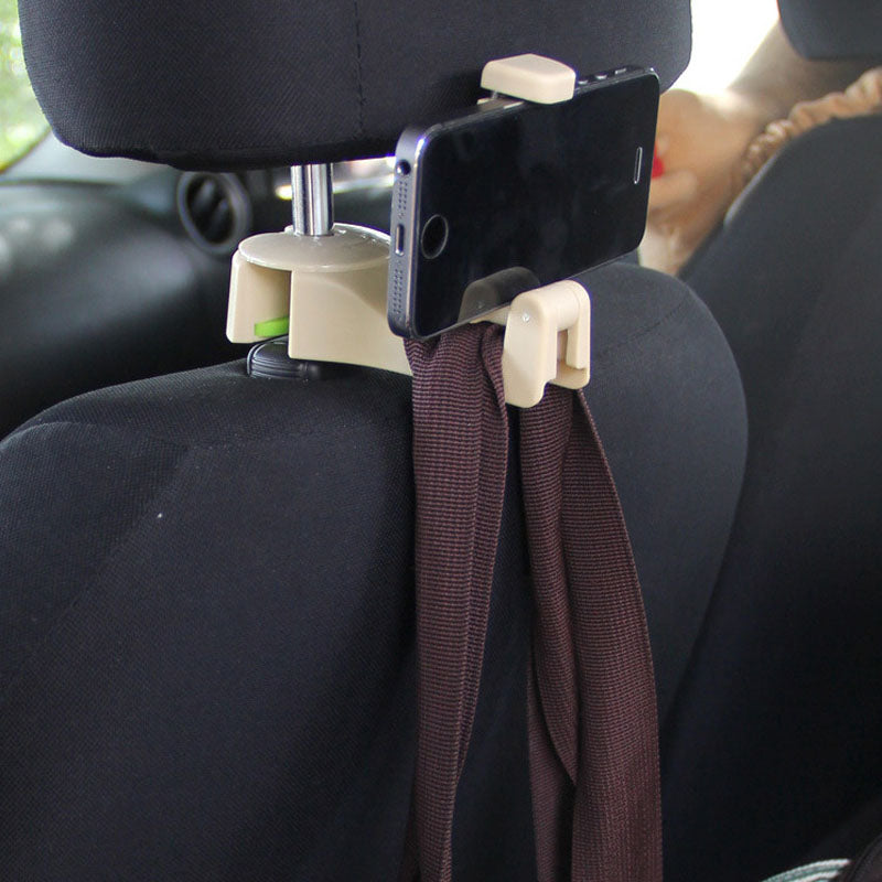 Car Back Seat Phone & Tablet Holder – 2-in-1 360° Rotating Headrest Mount with Hook Clip for Hands-Free Convenience