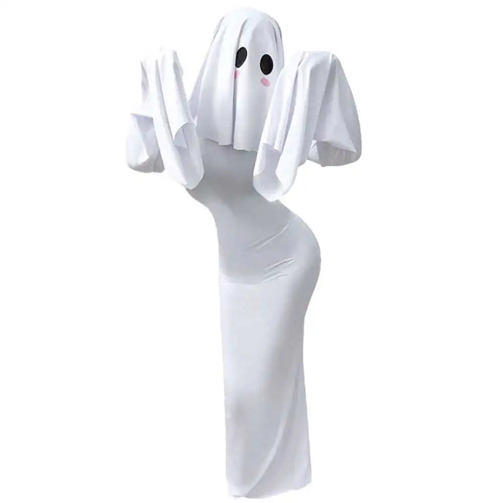 Anime Ghost Bride Costume – Cute White Fitted Dress with Mask for Women, Halloween Carnival Cosplay, Parties and Spooky Character Styling