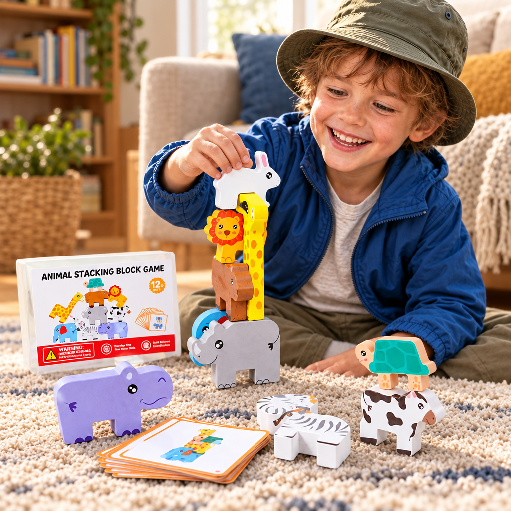 Wooden Stacking Challenge Blocks – Balance Building Toy for Kids with Creative Construction, Problem Solving and Fine Motor Skill Development