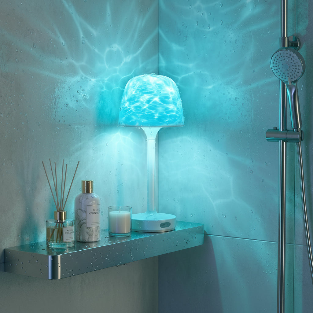 Rechargeable Waterproof Shower Light – Ocean Wave Bathroom Projector with 16 Colors for Relaxing Baths, Showers and Spa-Like Ambient Lighting