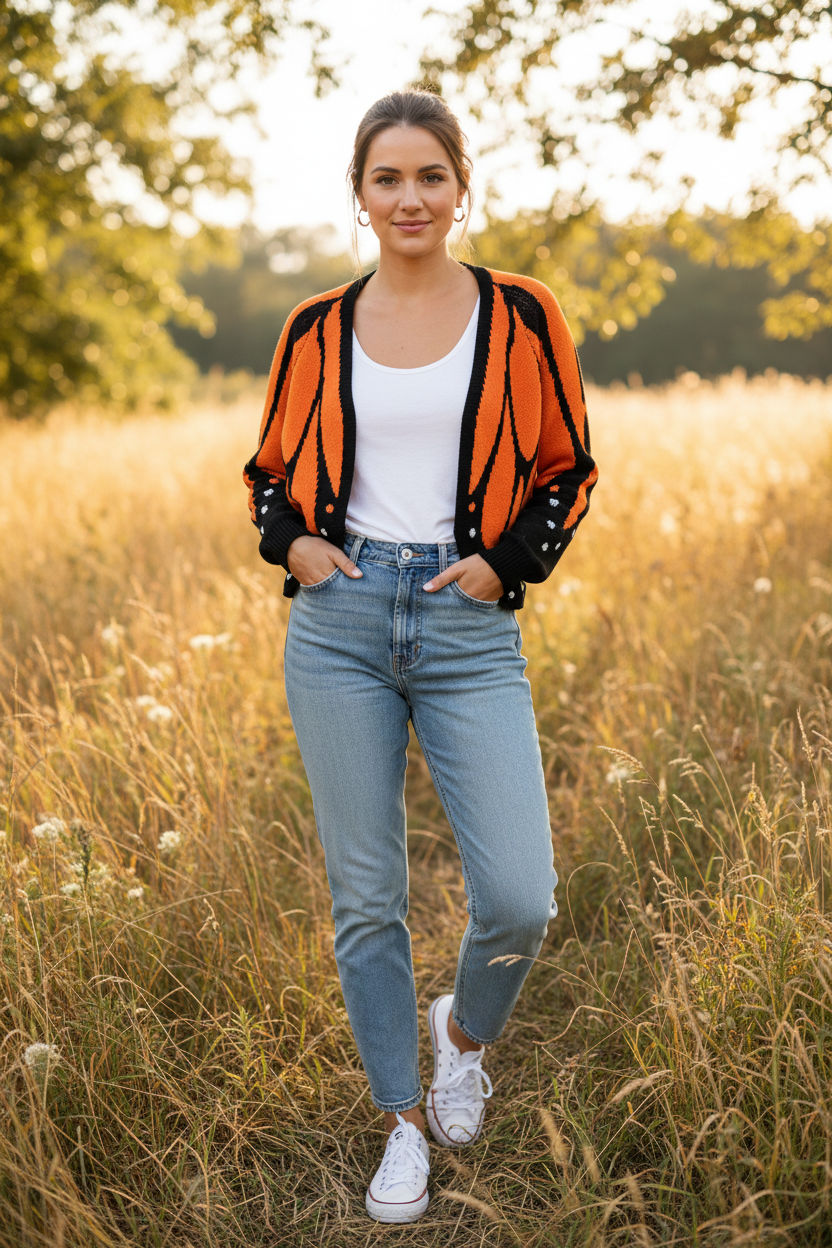 Butterfly Wing Knit Cardigan – Women's Cropped Monarch Print Sweater with Long Sleeves, Open Front Y2K Korean Fashion Styling