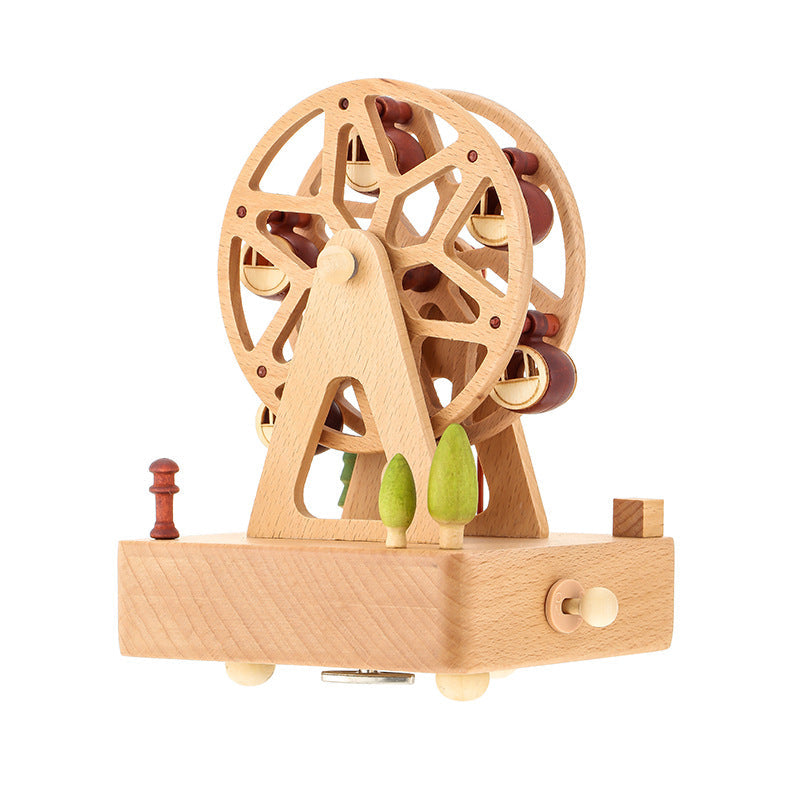 Ferris Wheel Wooden Music Box – Mini Beech Wood Handcrafted Musical Gift for Christmas, Birthdays, Valentine’s Day with Square Base Ornament Design