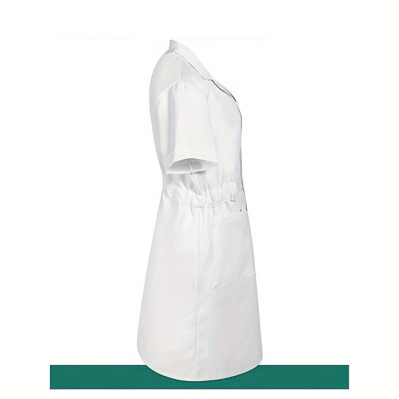 White Women’s Nurse Costume Set – Medical Lab Coat Dress with Cap and Pantyhose Halloween Cosplay Outfit