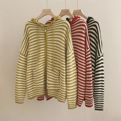 Stripe Hooded Knit Cardigan - Women Loose Fit Long Sleeve Sweater Jacket for Autumn Winter Casual Streetwear Fashion