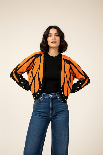 Butterfly Wing Knit Cardigan – Women's Cropped Monarch Print Sweater with Long Sleeves, Open Front Y2K Korean Fashion Styling