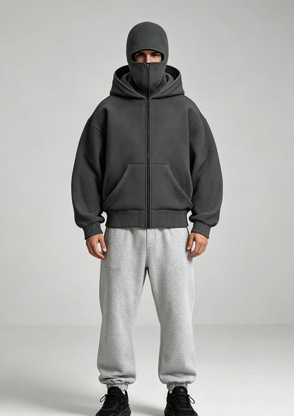 Unisex Windproof Double Hood Sweatshirt – Full Zip Loose Streetwear Coat for Autumn Winter, Casual Layering and Cold Weather Protection