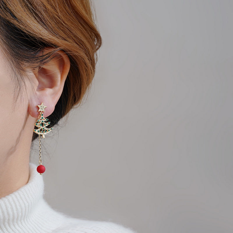Red Ball Asymmetric Christmas Stud Earrings – Snowflake, Bell & Deer Zircon Holiday Jewelry for Women and Girls, Perfect Christmas & New Year Gift