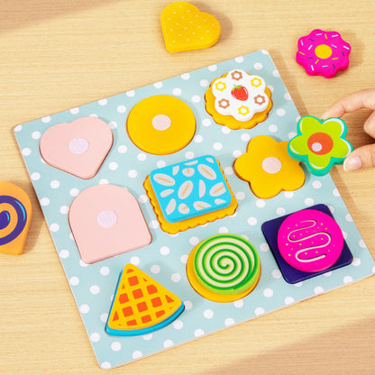 Wooden Donut Pizza Cookie Puzzle Set – Pretend Food Educational Toy for Kids with Matching, Sorting and Creative Kitchen Roleplay Fun