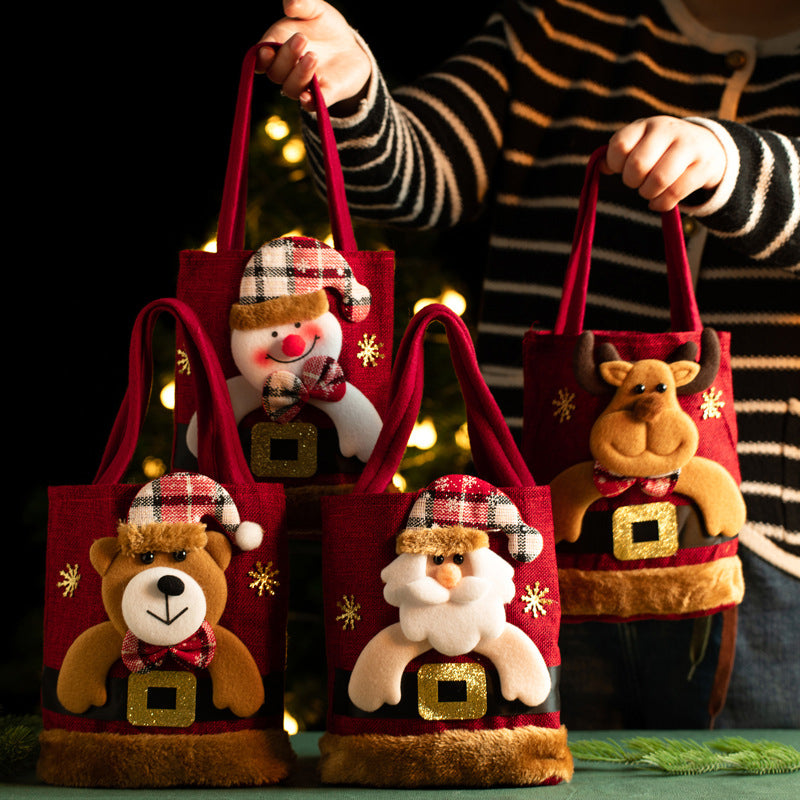 Christmas Linen Gift Bag for Kids - Candy Storage Handbag with Santa Claus Design, New Year Apple Bag for Xmas Eve and Holiday Party Gifts