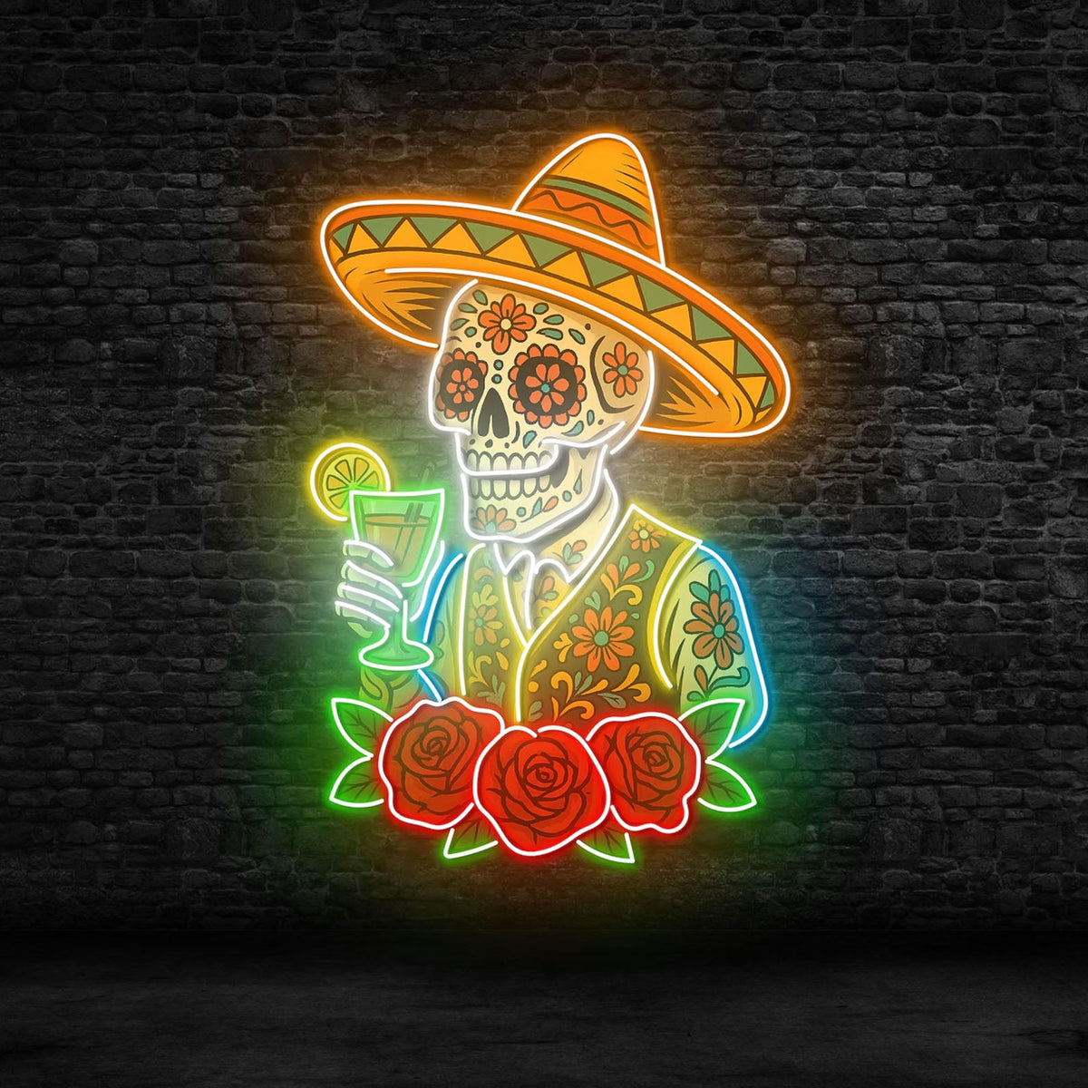Mexican Skeleton Cocktail Neon Sign – Tequila Lounge and Bar Wall Decor for Martini Lovers, Parties and Bold Southwestern Nightlife Ambience