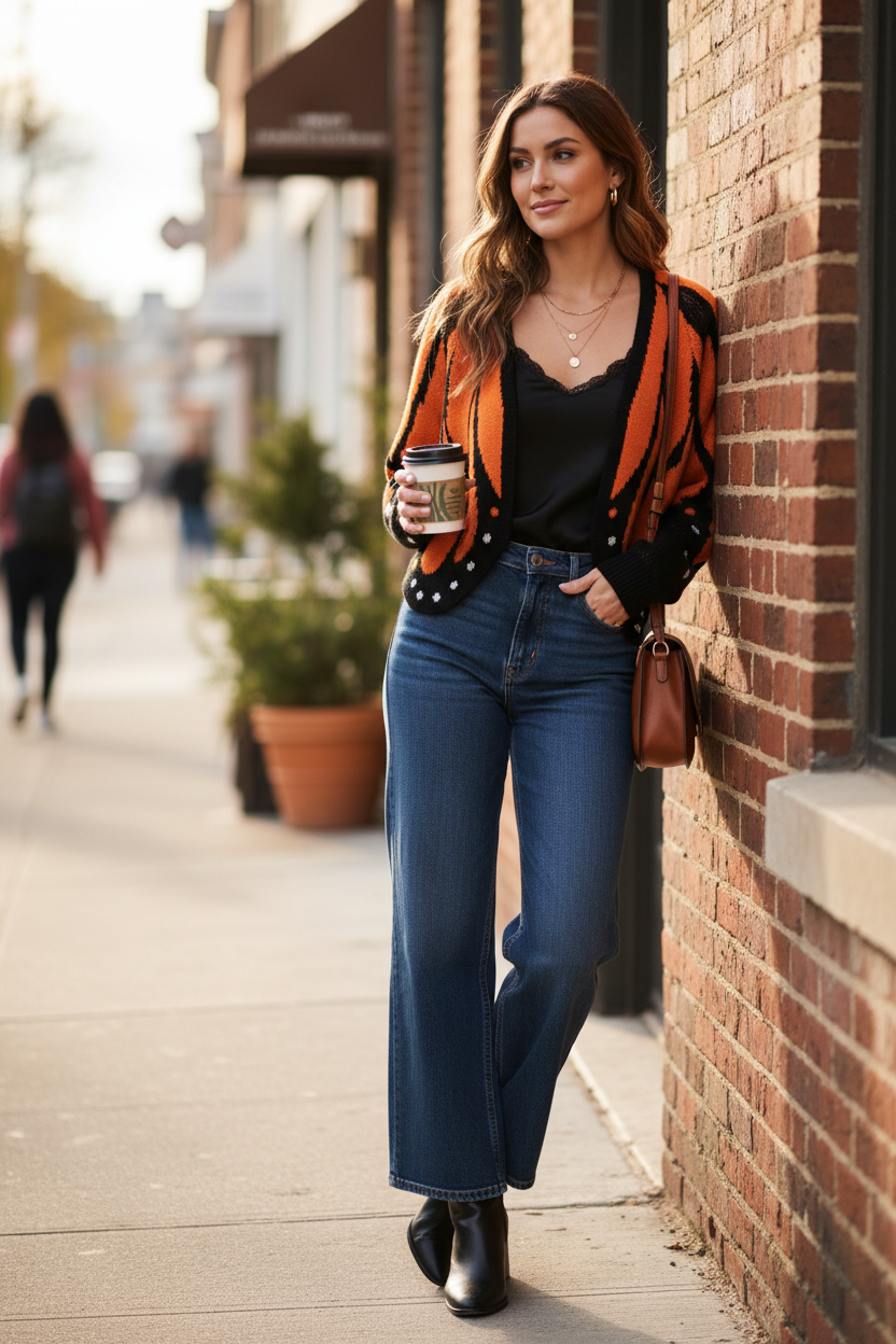 Butterfly Wing Knit Cardigan – Women's Cropped Monarch Print Sweater with Long Sleeves, Open Front Y2K Korean Fashion Styling