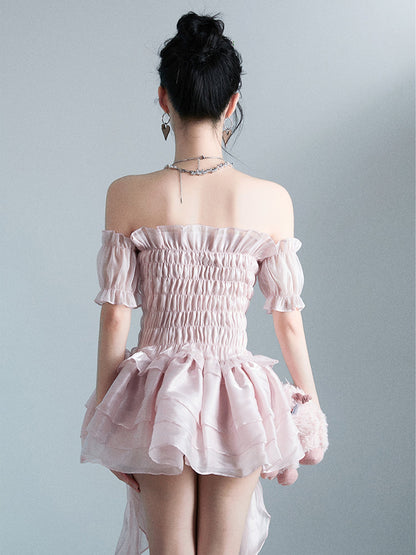 Smoked Rose Strapless Mini Dress – Fluffy Retro Pink Party Dress for Women with Romantic Feminine Styling and Statement Silhouette