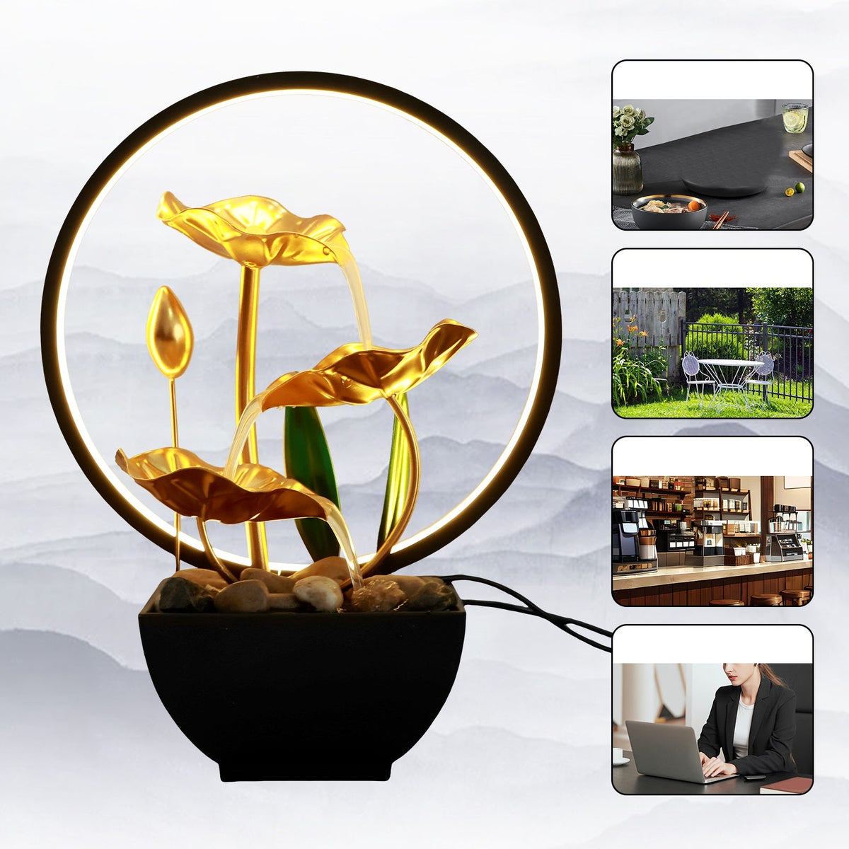 Flowing Water Tabletop Fountain Decor – LED Ring Light Meditation Fountain with Circulating Water for Home Office Zen & Feng Shui Ambience